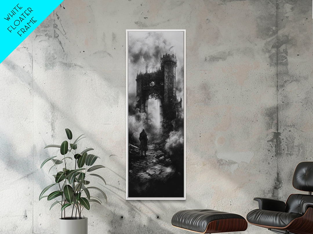 Black And White Gothic Ruin With Lone Wanderer Wall Art, Dark Academia Canvas Print, Moody Castle Home Decor Gift For Him