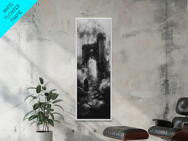 Black And White Gothic Ruin With Lone Wanderer Wall Art, Dark Academia Canvas Print, Moody Castle Home Decor Gift For Him