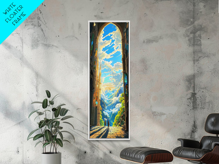 Golden Cathedral Arch Opening To Alpine Mountains Framed Canvas Print, Fantasy Landscape Wall Art, Bright Home Decor Gift