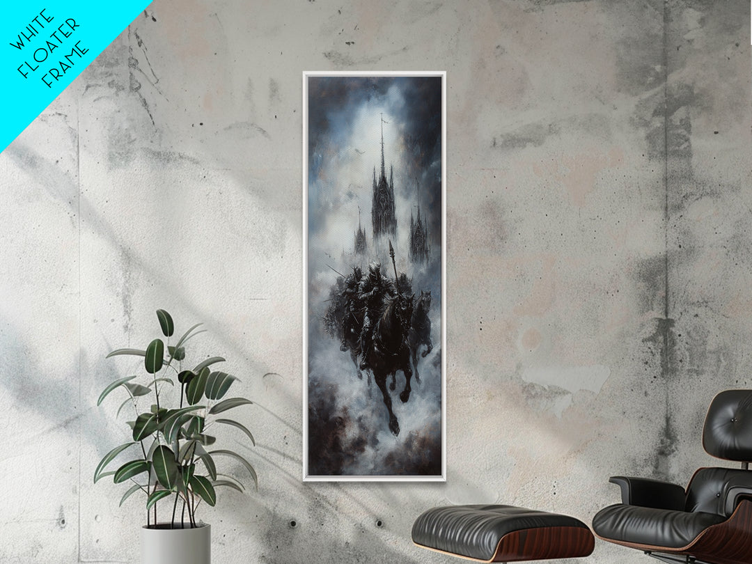 Gothic Floating Citadel And Shadow Knight Wall Art, Dark Fantasy Print, Black And White Art, Moody Medieval Decor For Living Room
