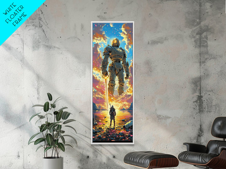 Golden Armored Colossus And Lone Warrior Framed Canvas Print, Epic Fantasy Wall Art, Vibrant Sunset Gaming Room Wall Decor