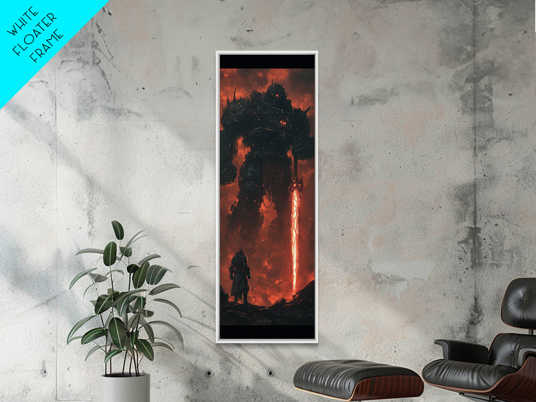 Dark Fire Titan With Crimson Sword Canvas Print, Epic Fantasy Wall Art, Demon Warrior Art Print, Gothic Gaming Room Decor