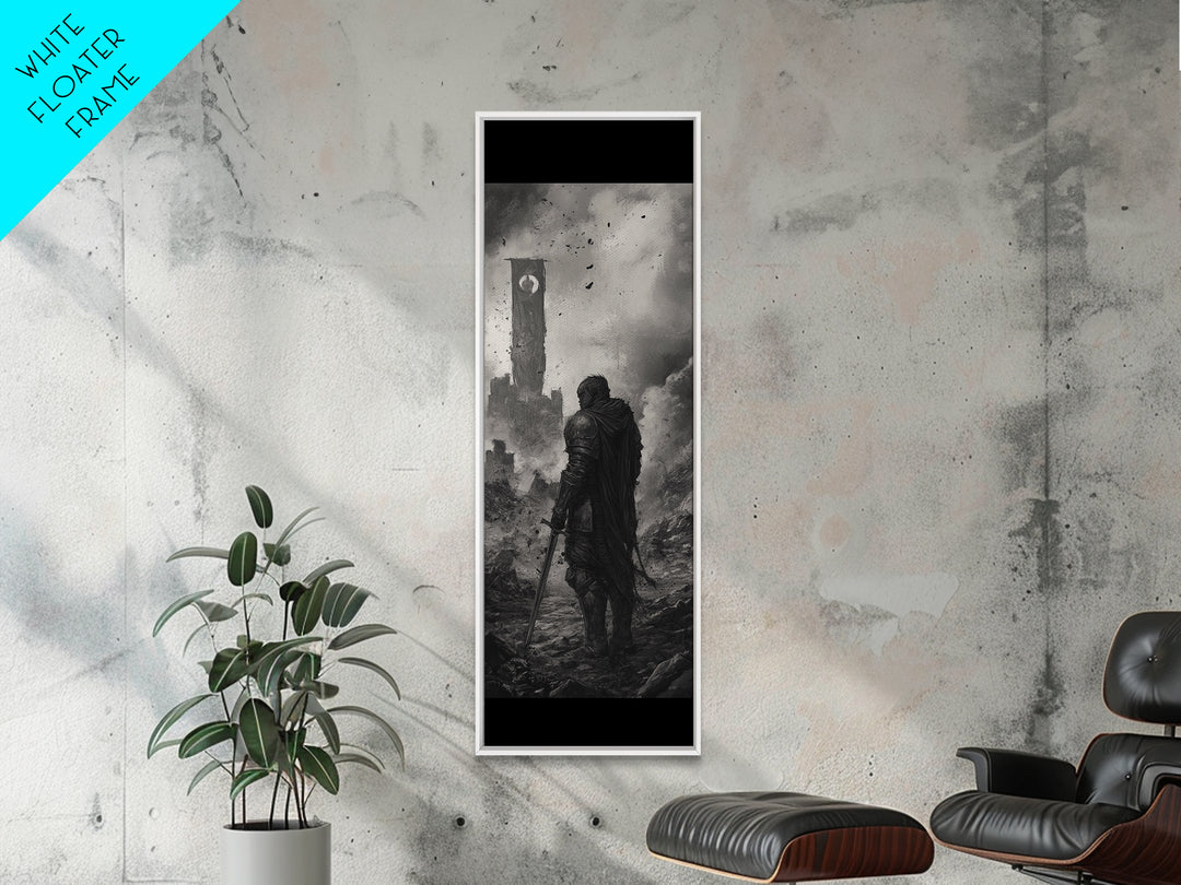 Black And White Lone Knight Near Ruined Tower Wall Art, Dark Fantasy Print, Medieval Landscape, Gothic Office Wall Decor
