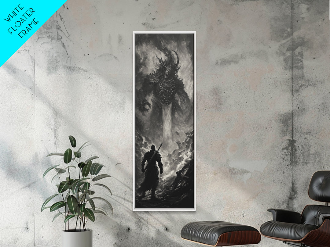 Monochrome Horned Demon Facing Warrior Framed Canvas Print, Dark Fantasy Wall Art, Gothic Black And White Art Decor For Office