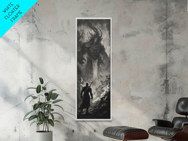 Monochrome Horned Demon Facing Warrior Framed Canvas Print, Dark Fantasy Wall Art, Gothic Black And White Art Decor For Office