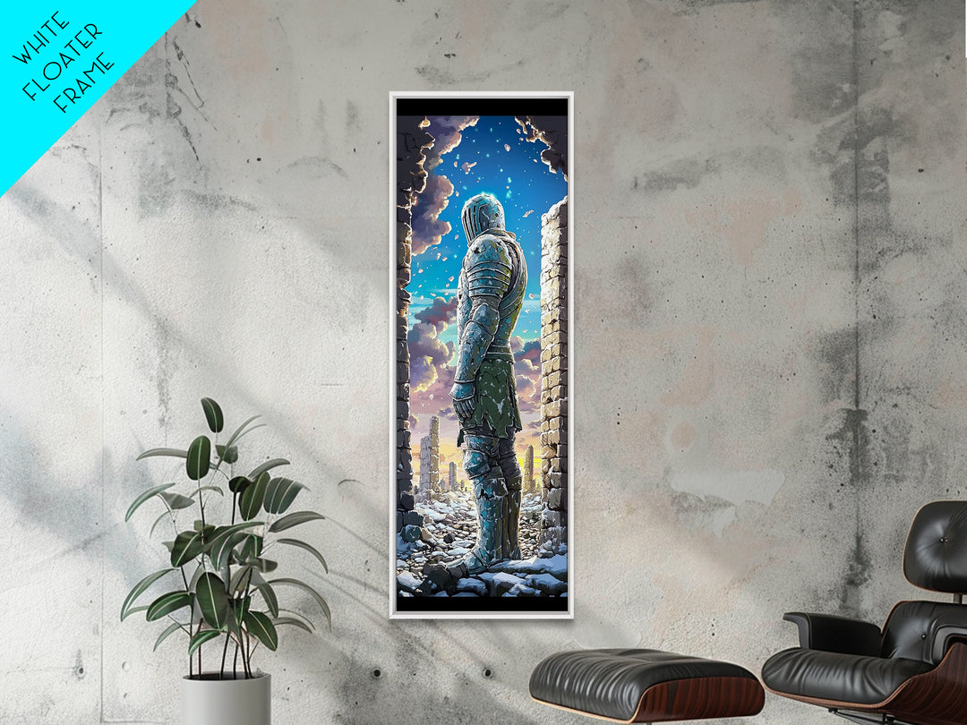 Snowy Armored Knight In Ruined Stone Gate Canvas Print, Fantasy Wall Art, Blue Winter Landscape, Medieval Home Wall Decor