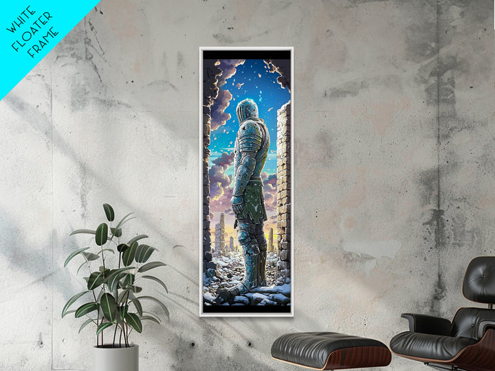 Snowy Armored Knight In Ruined Stone Gate Canvas Print, Fantasy Wall Art, Blue Winter Landscape, Medieval Home Wall Decor