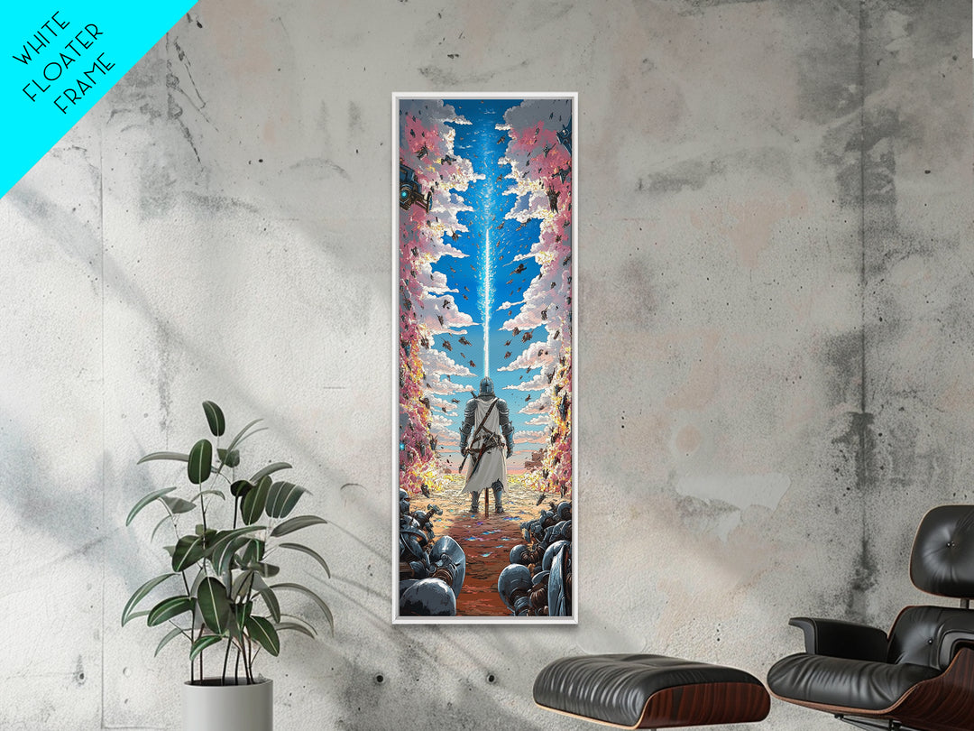 Silver Knight Beneath Celestial Blue Beam Wall Art, Epic Fantasy Print, Cherry Blossom Sky, Vibrant Gaming Room Wall Decor