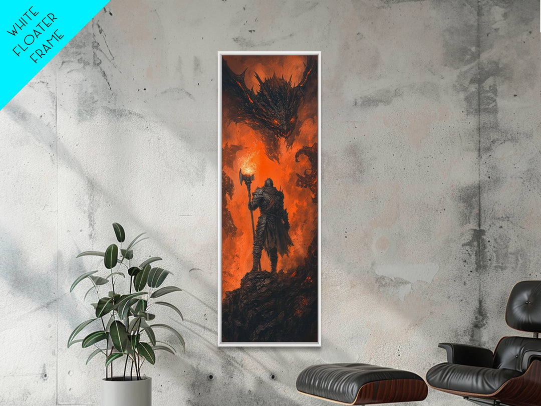 Torch Bearing Warrior Facing Dragon Canvas Print, Dark Fantasy Wall Art, Fire Dragon Art, Gothic Medieval Gaming Room Decor