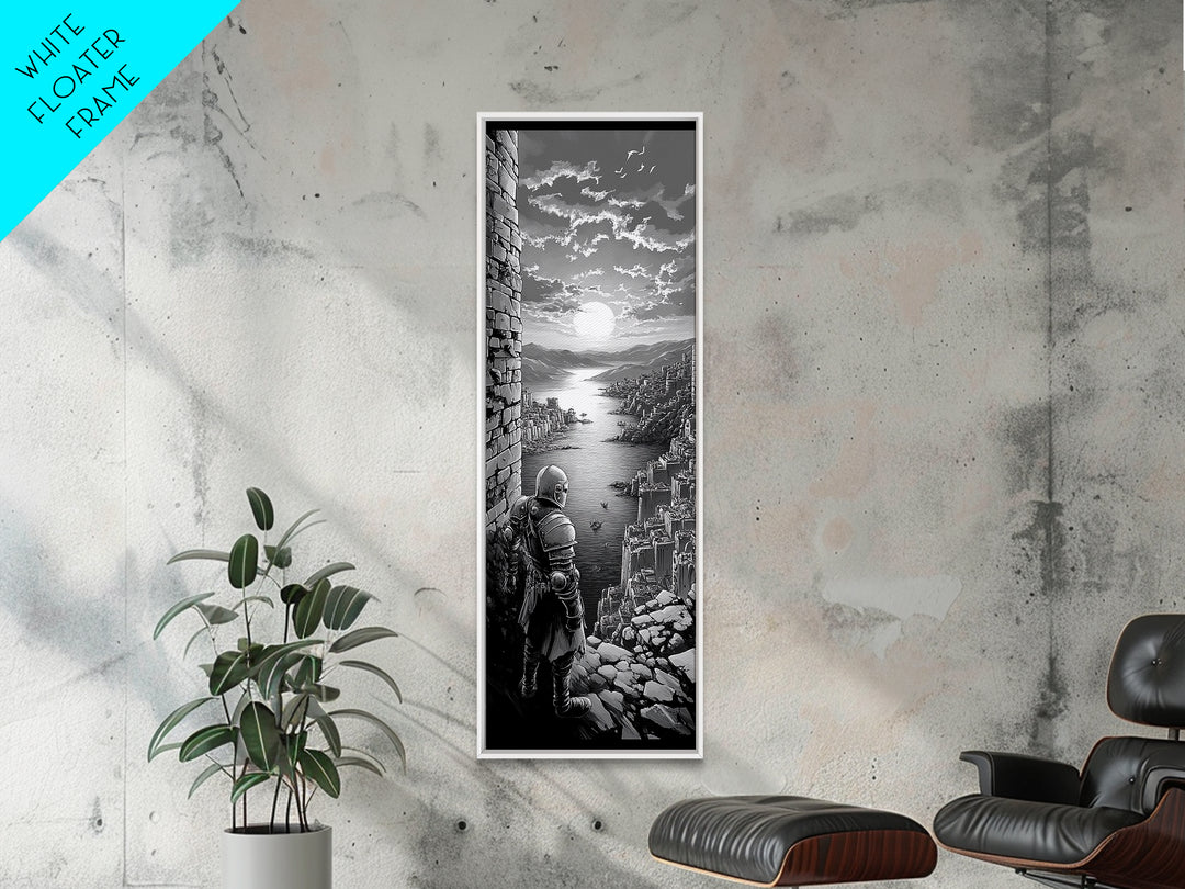 Black And White Knight Over Coastal City Wall Art, Medieval Seascape Print, Gothic Landscape, Fantasy Living Room Wall Decor