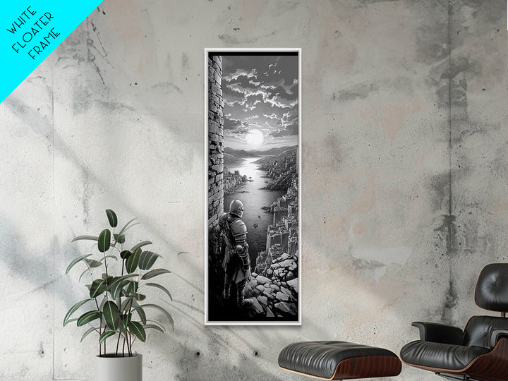 Black And White Knight Over Coastal City Wall Art, Medieval Seascape Print, Gothic Landscape, Fantasy Living Room Wall Decor