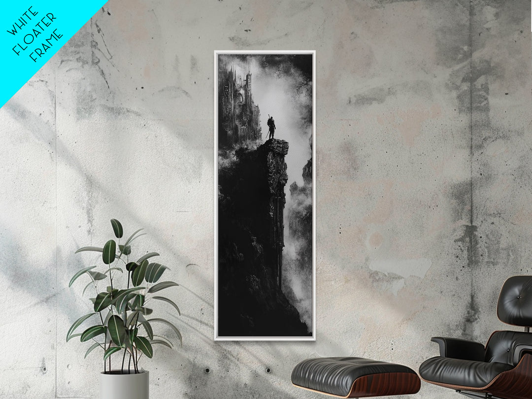Lone Warrior On Gothic Cliff Wall Art, Dark Fantasy Castle Print, Black And White Canvas, Moody Medieval Decor, Fantasy Gift For Him