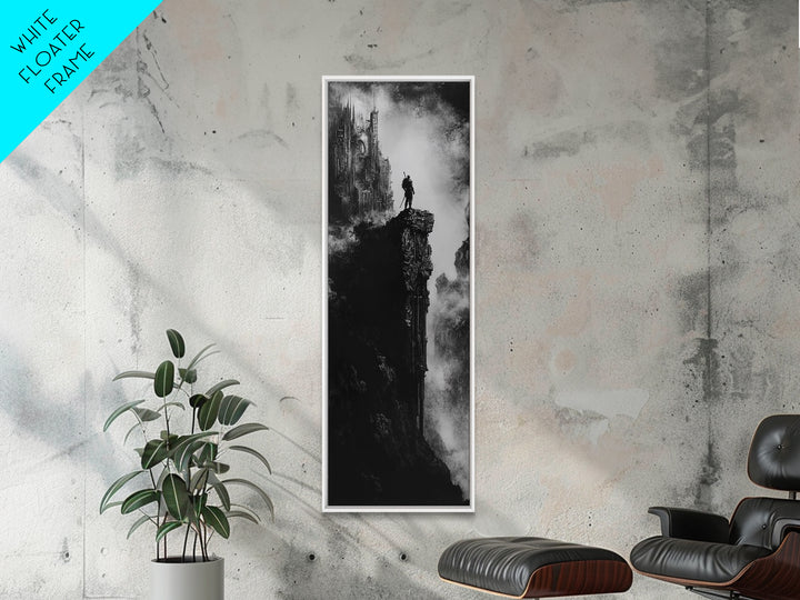 Lone Warrior On Gothic Cliff Wall Art, Dark Fantasy Castle Print, Black And White Canvas, Moody Medieval Decor, Fantasy Gift For Him