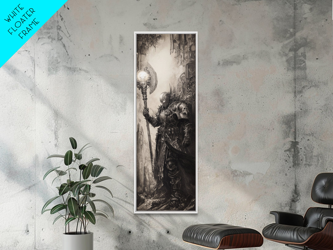 Armored Knight With Glowing Axe Framed Canvas Print, Gothic Fantasy Wall Art, Black And White Medieval Office Decor, Gift For Him