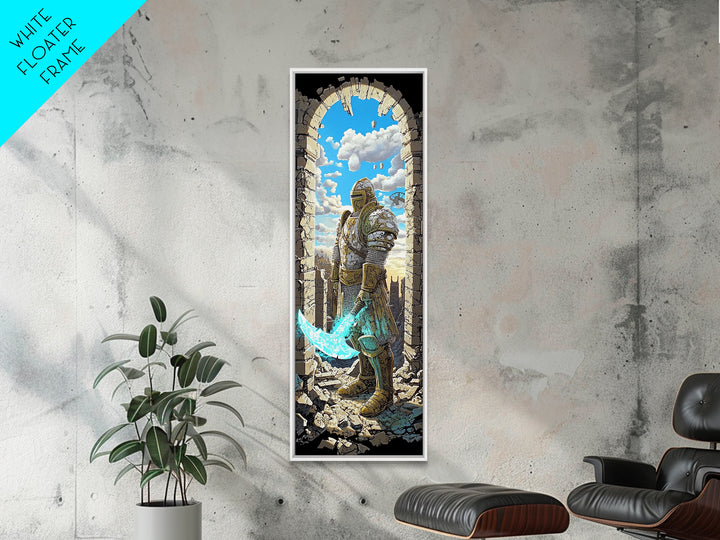 Golden Armored Knight In Ruined Arch Wall Art, Pixel Fantasy Canvas Print, Turquoise Sword Medieval Gamer Room Decor Gift