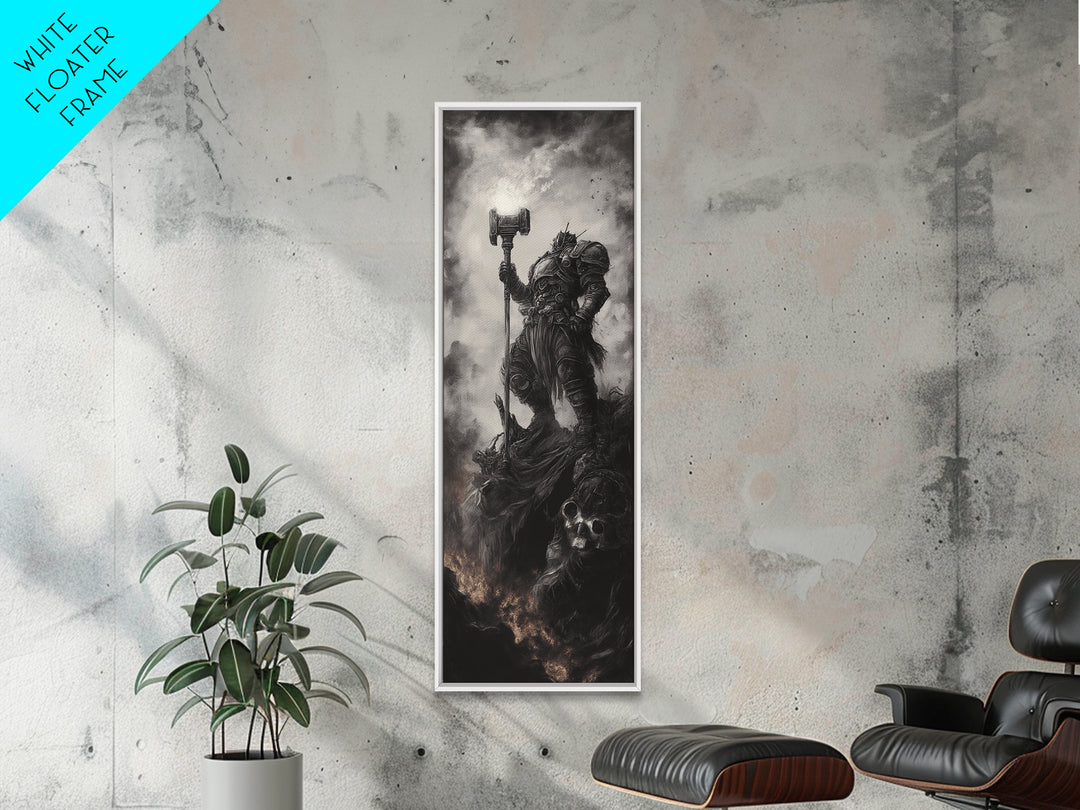 Dread Warrior With Hammer Wall Art, Dark Fantasy Canvas Print, Gothic Skull Decor, Black And White Medieval Gift For Him