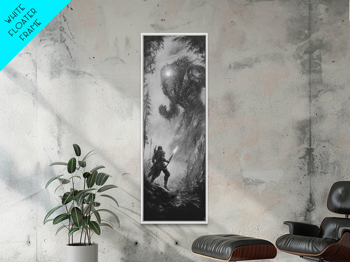 Warrior Facing Forest Giant Wall Art, Black And White Fantasy Canvas Print, Dark Surreal Creature Decor, Gothic Gift For Him