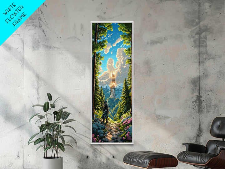 Knight In Sunlit Forest Tower Wall Art, Fantasy Landscape Canvas, Medieval Adventure Decor, Epic Mountain Living Room Print