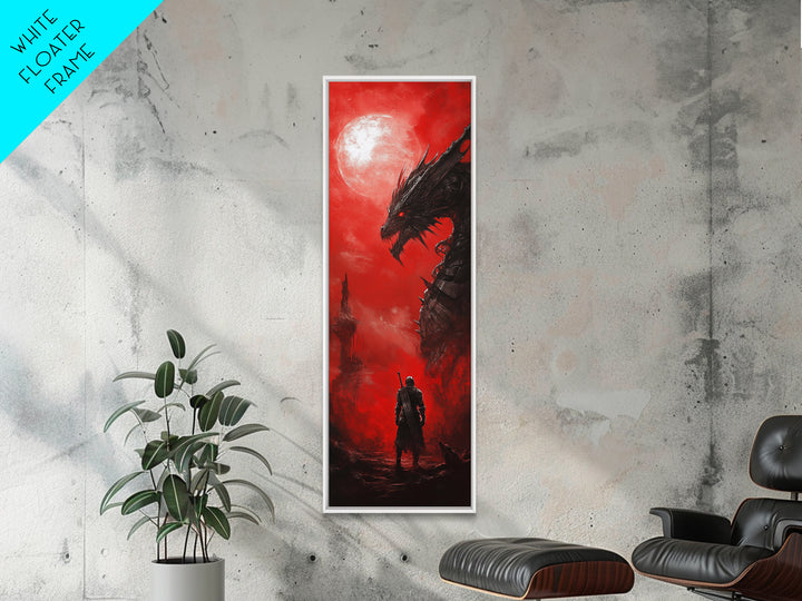 Black Dragon Red Moon Wall Art, Dark Fantasy Canvas Print, Gothic Warrior Decor, Medieval Monster Living Room Artwork Gift