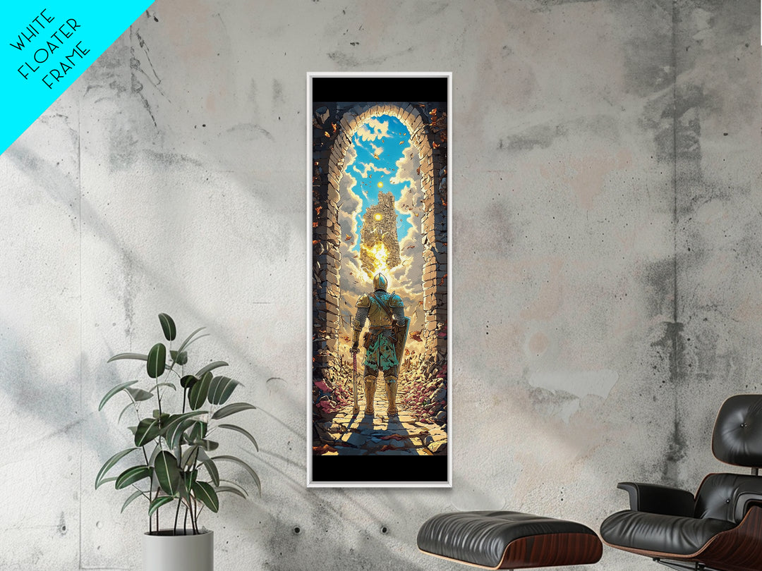 Knight At Golden Portal Framed Canvas Print, Fantasy Castle Wall Art, Medieval Adventure Decor, Magical Entryway Artwork