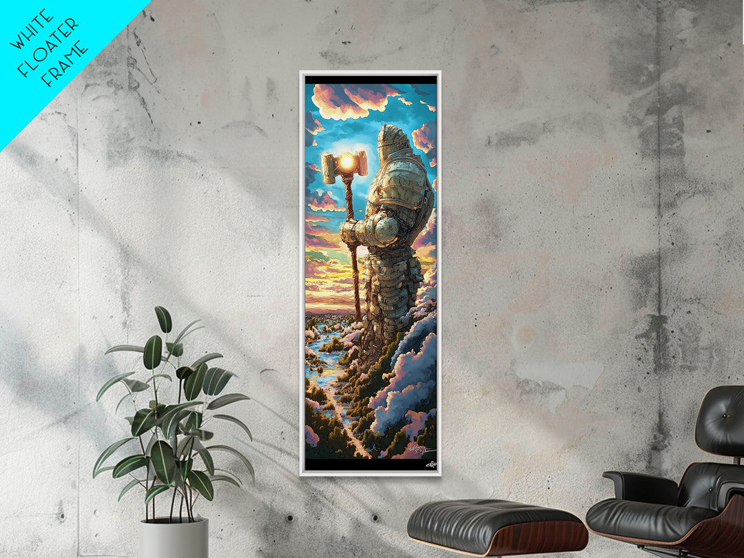 Colossal Stone Knight Canvas Print, Epic Fantasy Guardian Wall Art, Medieval Statue Decor, Sunset Mountain Statement Art