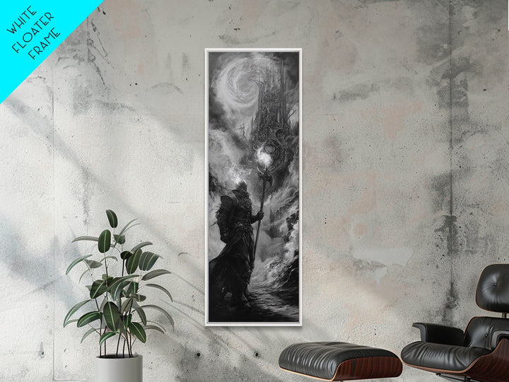 Storm Wizard And Dark Citadel Wall Art, Black And White Fantasy Canvas Print, Gothic Sorcerer Decor, Medieval Office Art