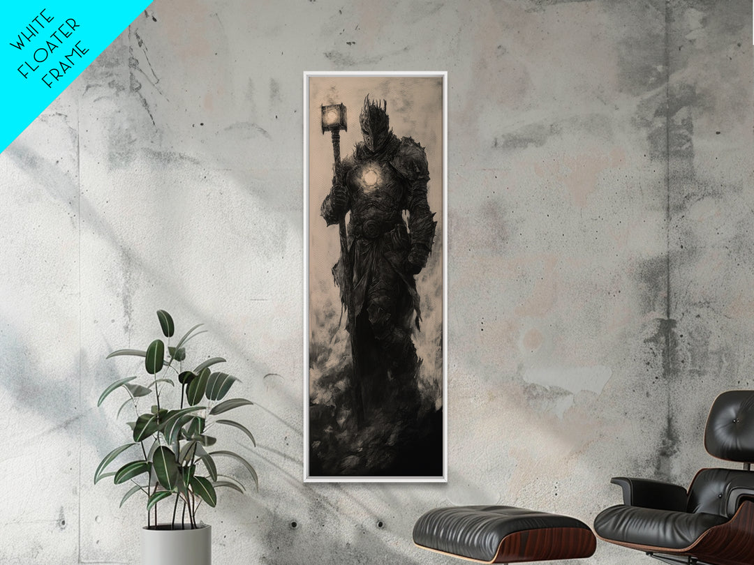 Dark Armored Knight With Glowing Lantern, Gothic Fantasy Wall Art, Black And White Medieval Canvas, Dark Academia Decor Print