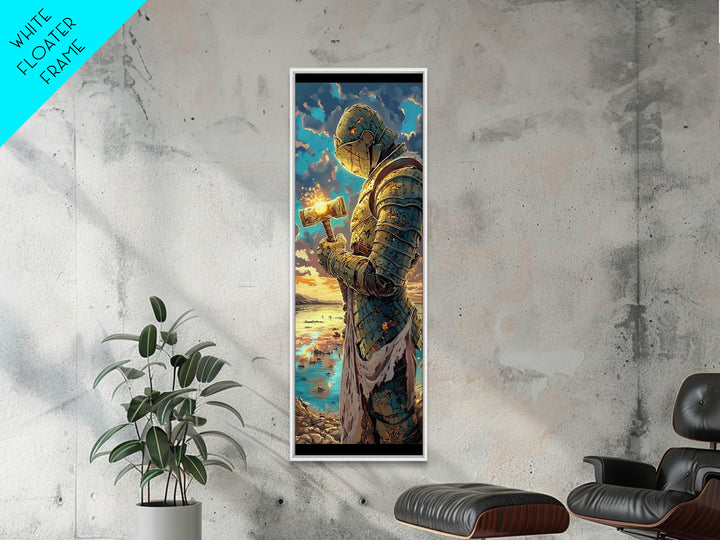 Sunset Templar Knight Holding Glowing Hammer, Fantasy Framed Canvas Print, Medieval Coastal Wall Decor, Gift For Him, Living Room Art