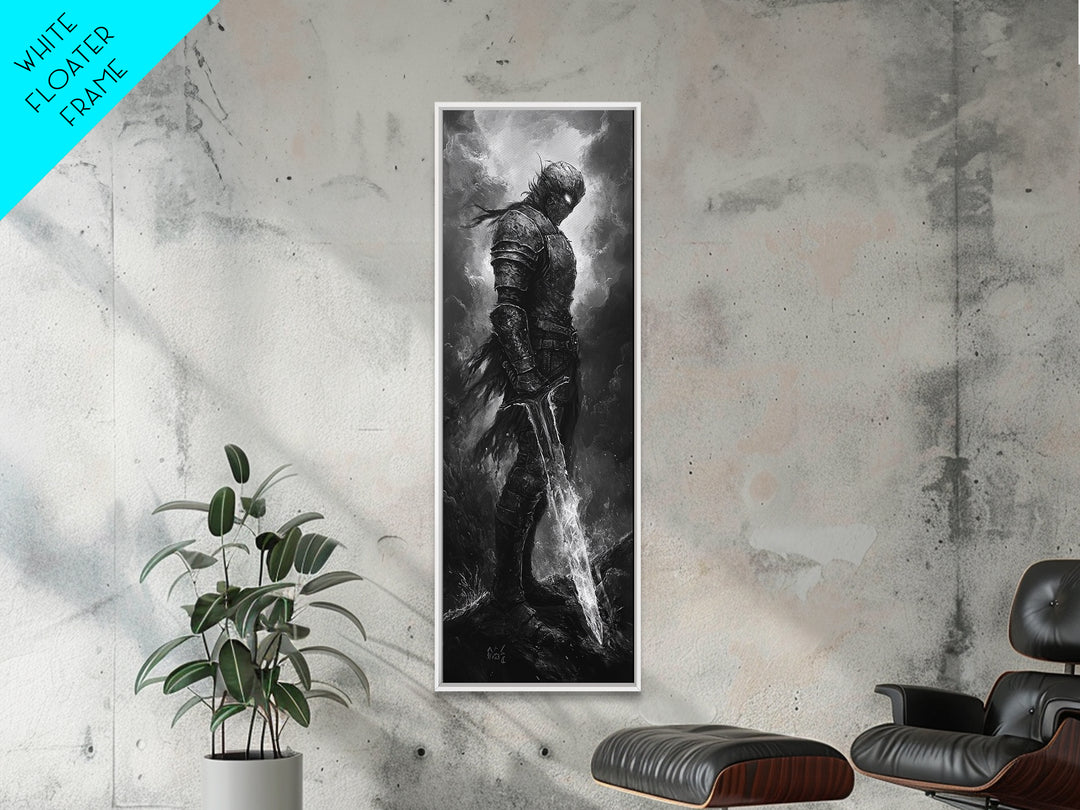 Storm Worn Dark Knight With Lightning Sword, Black And White Canvas Print, Gothic Fantasy Wall Art, Moody Medieval Decor