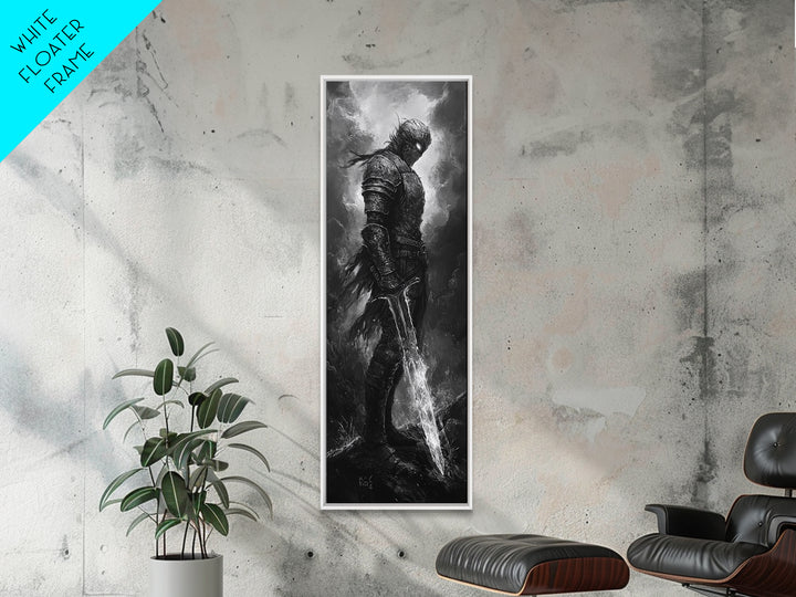 Storm Worn Dark Knight With Lightning Sword, Black And White Canvas Print, Gothic Fantasy Wall Art, Moody Medieval Decor