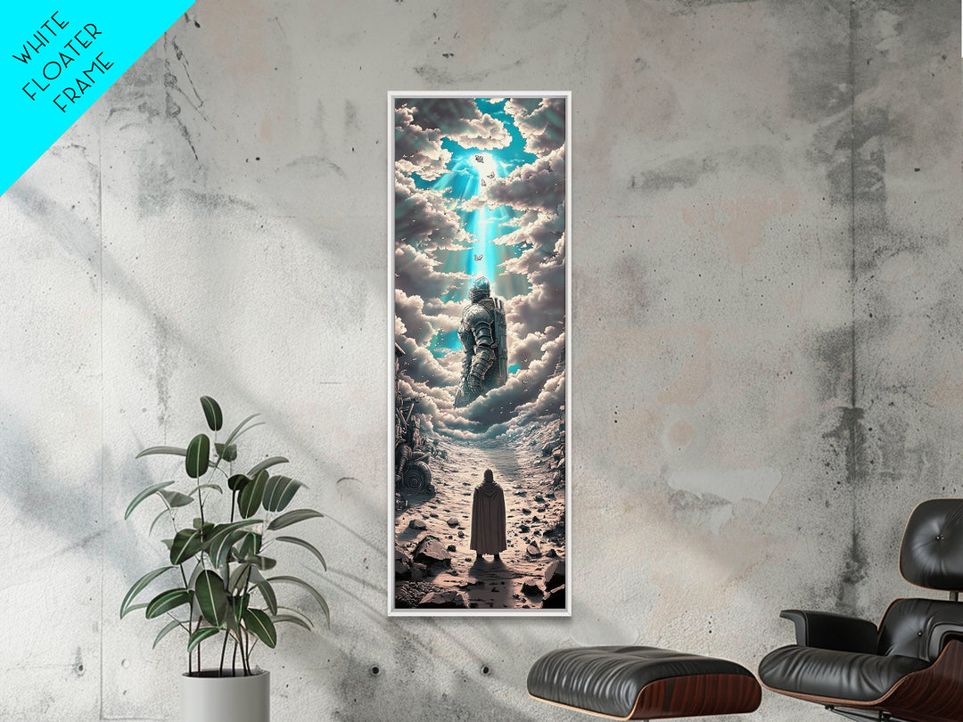 Floating Armored Knight Ascending Through Clouds, Celestial Fantasy Framed Canvas Print, Surreal Wall Art, Dreamy Room Decor