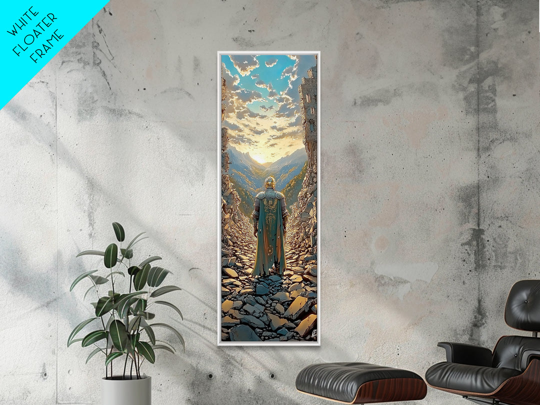 Knight Overlooking Golden Mountain Valley, Medieval Fantasy Canvas Print, Landscape Wall Art, Adventure Home Decor Gift For Him