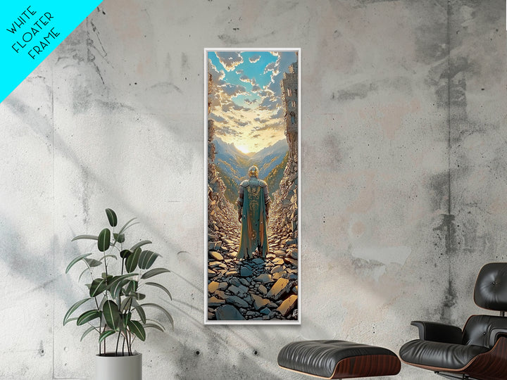 Knight Overlooking Golden Mountain Valley, Medieval Fantasy Canvas Print, Landscape Wall Art, Adventure Home Decor Gift For Him