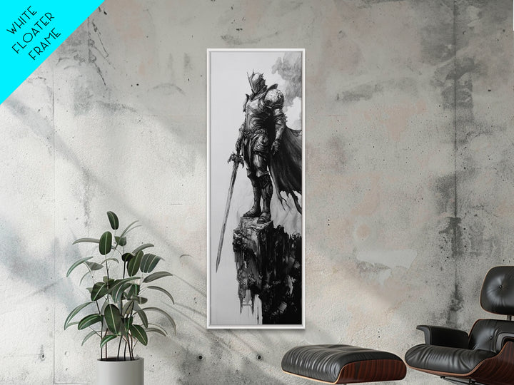 Skeletal Knight On Crumbling Cliff With Long Sword, Black And White Wall Art, Gothic Fantasy Canvas Print, Dark Medieval Decor