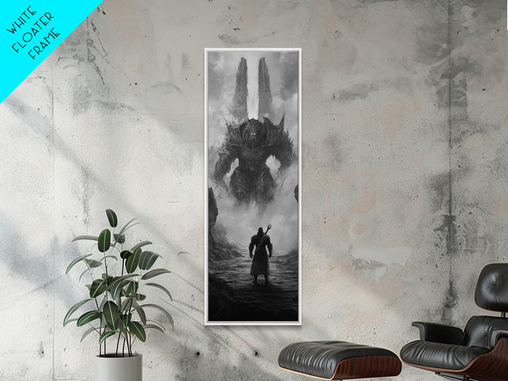 Warrior Facing Misty Armored Colossus, Dark Fantasy Wall Art, Black And White Framed Canvas Print, Epic Game Room Decor Gift