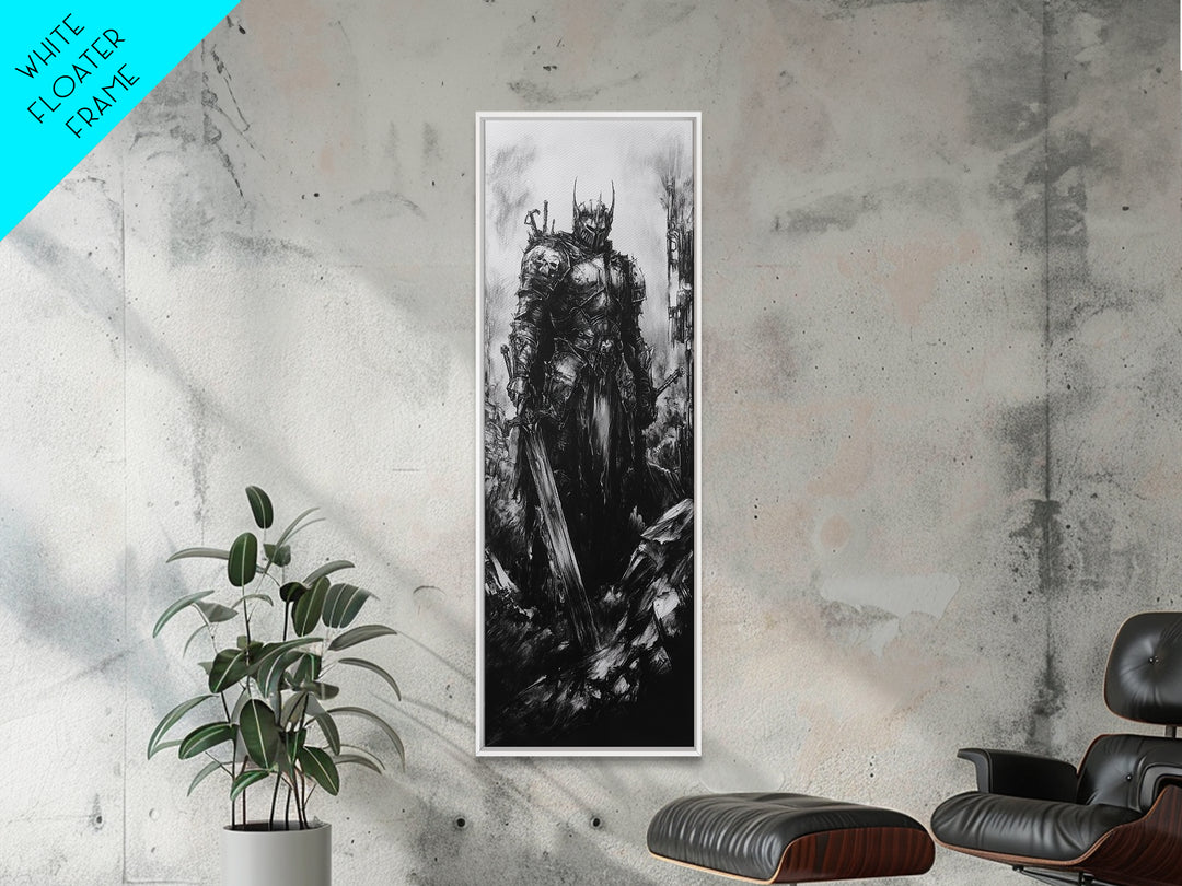 Crowned Dark Knight With Massive Sword In Ruins, Gothic Fantasy Canvas Print, Black And White Wall Art, Dark Academia Decor