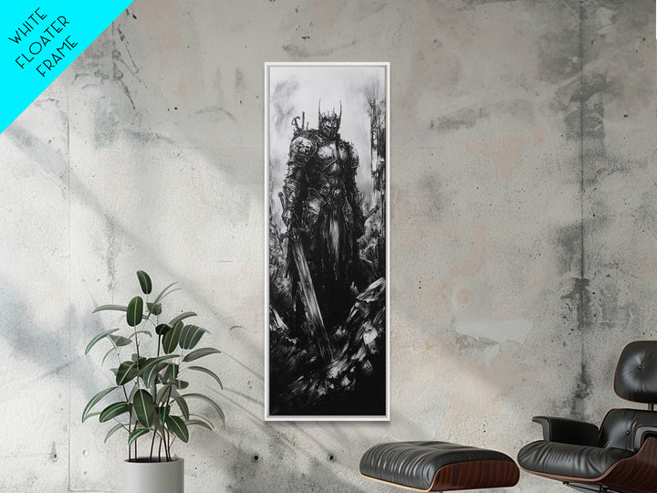 Crowned Dark Knight With Massive Sword In Ruins, Gothic Fantasy Canvas Print, Black And White Wall Art, Dark Academia Decor