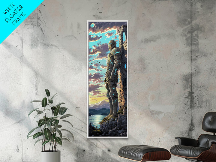 Blue Armored Knight Beside Castle At Lakeside Sunset, Medieval Fantasy Framed Canvas Print, Coastal Wall Art, Home Decor