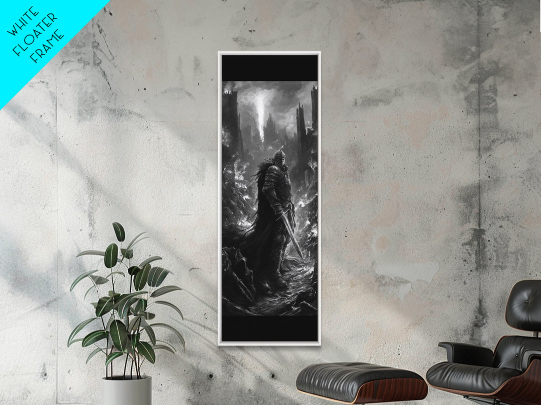 Dark Armored Knight In Ruined Gothic Valley Wall Art, Black And White Fantasy Art, Dark Academia Decor, Gothic Wall Decor