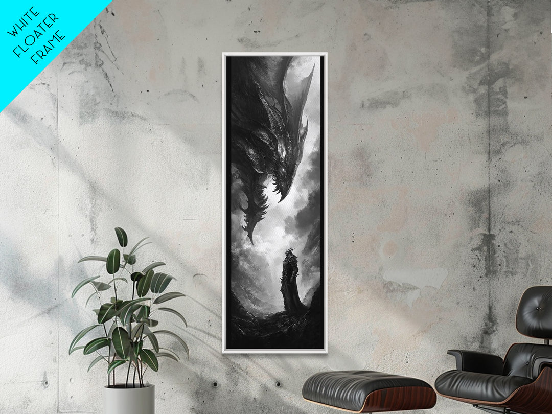 Monochrome Dragon And Lone Knight Wall Art, Dark Fantasy Art Print, Gothic Wall Decor, Black And White Art, Gamer Room Decor