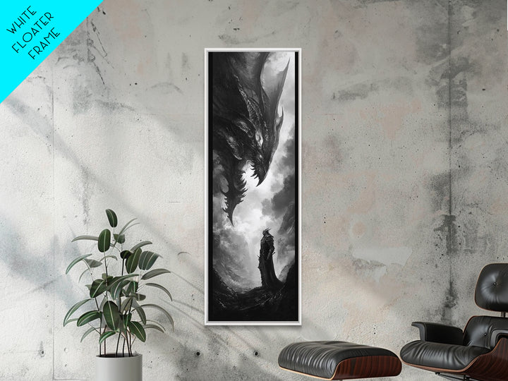 Monochrome Dragon And Lone Knight Wall Art, Dark Fantasy Art Print, Gothic Wall Decor, Black And White Art, Gamer Room Decor