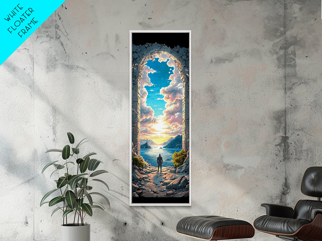Ancient Stone Arch Opening To Sunlit Sea Wall Art, Fantasy Landscape Print, Coastal Decor, Living Room Wall Art Gift For Her