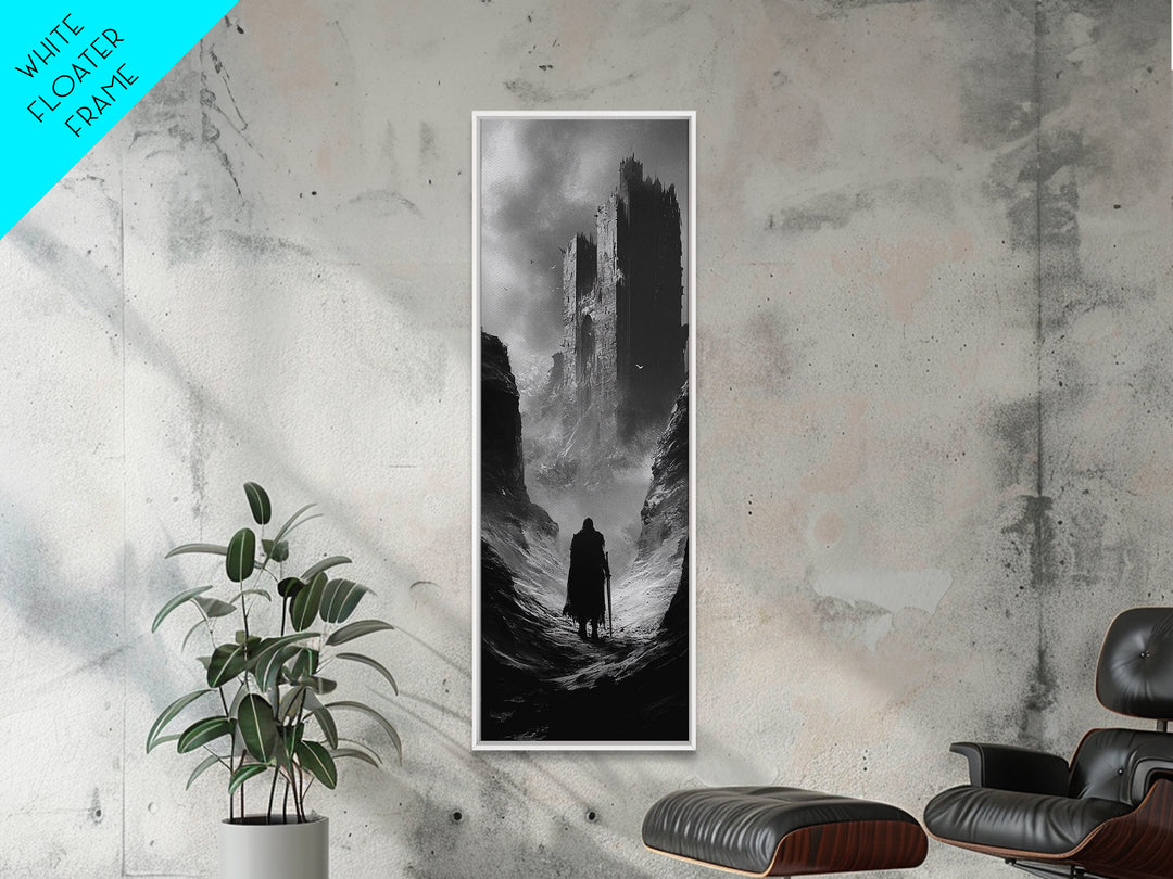 Misty Black Castle Valley With Lone Traveler Wall Art, Dark Academia Decor, Gothic Landscape, Black And White Fantasy Print