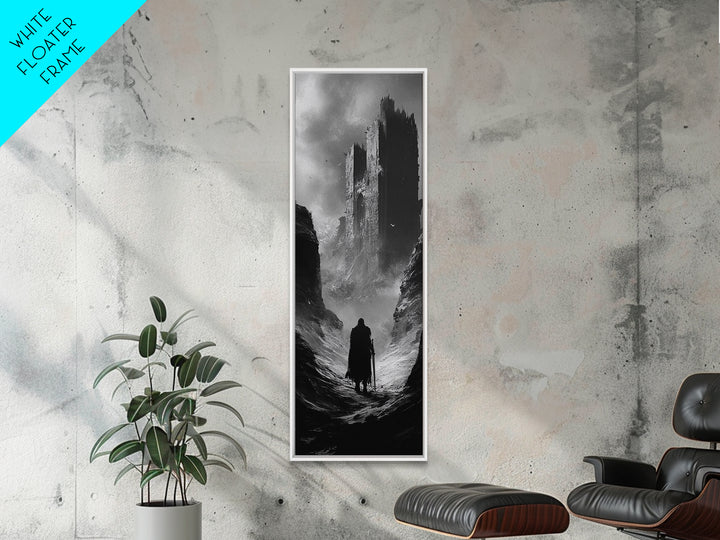 Misty Black Castle Valley With Lone Traveler Wall Art, Dark Academia Decor, Gothic Landscape, Black And White Fantasy Print