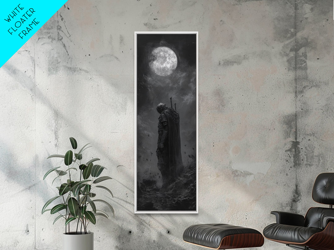 Lone Knight Beneath Full Moon Wall Art, Black And White Fantasy Art, Dark Gothic Decor, Moody Wall Art For Bedroom Canvas Print