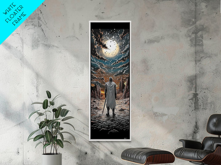 White Cloaked Knight Under Eclipse Moon Canvas Print, Fantasy Wall Art, Dark Landscape Decor, Gamer Room Wall Art Gift For Him