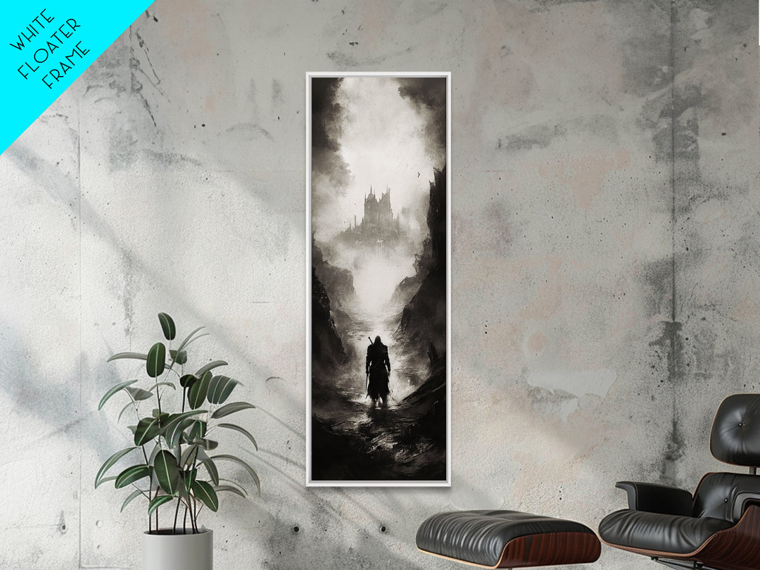 Cloaked Wanderer Approaching Misty Castle Wall Art, Dark Fantasy Print, Gothic Wall Decor, Black And White Landscape Art