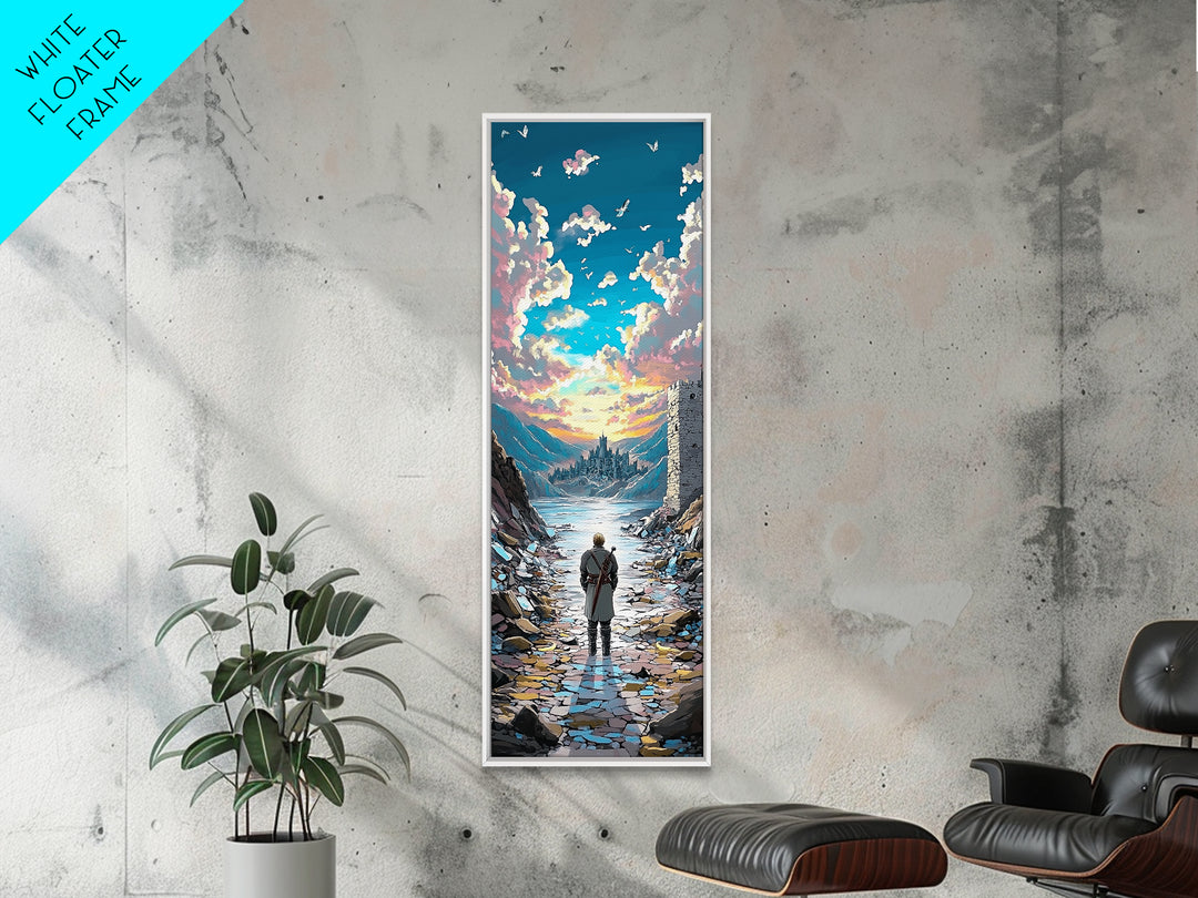 Lone Traveler In Snowy Mountain Valley, Birds And Sunset Fantasy Wall Art, Vertical Canvas Print, Nature Landscape Decor