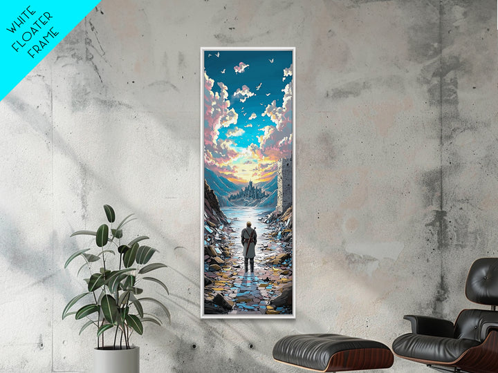 Lone Traveler In Snowy Mountain Valley, Birds And Sunset Fantasy Wall Art, Vertical Canvas Print, Nature Landscape Decor