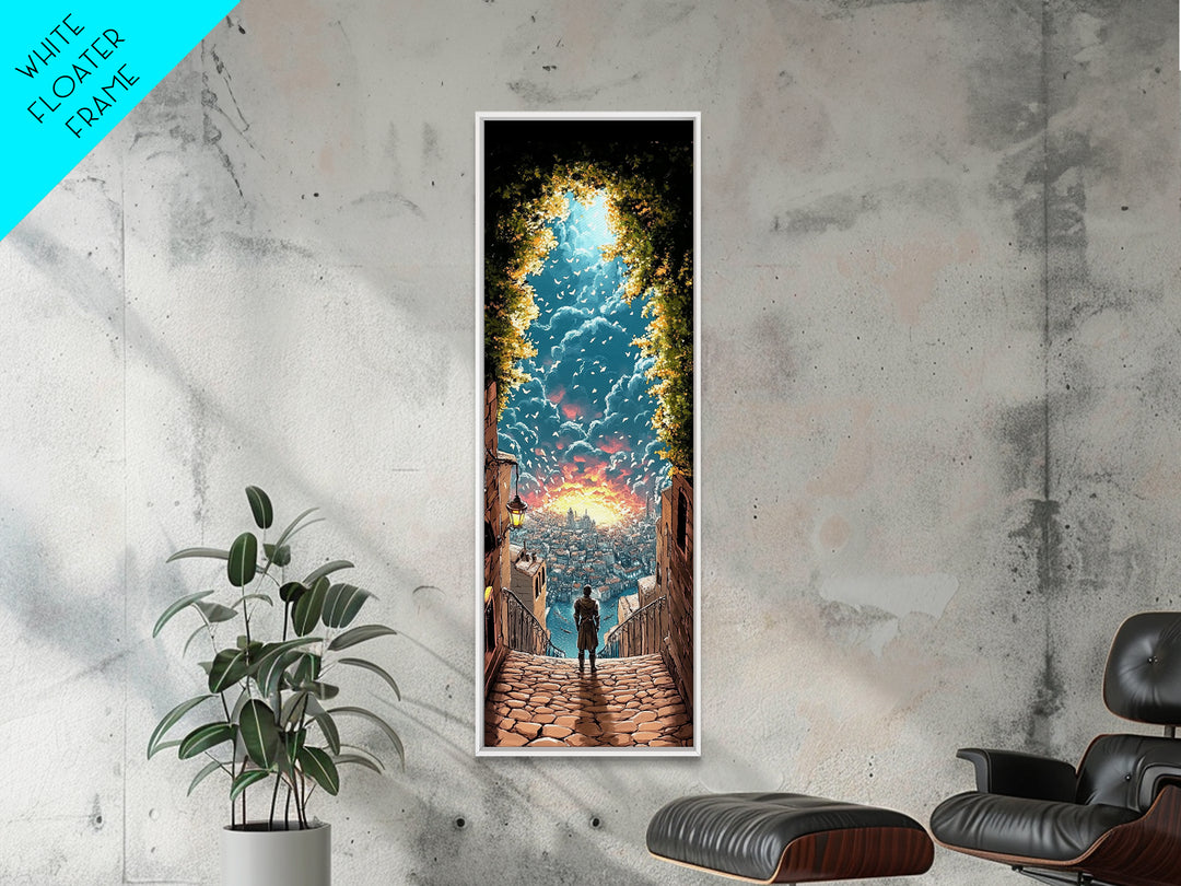Cobblestone Stairway To Glowing Coastal City, Birds And Sunset Canvas Print, Fantasy Wall Art, Travel Inspired Home Decor